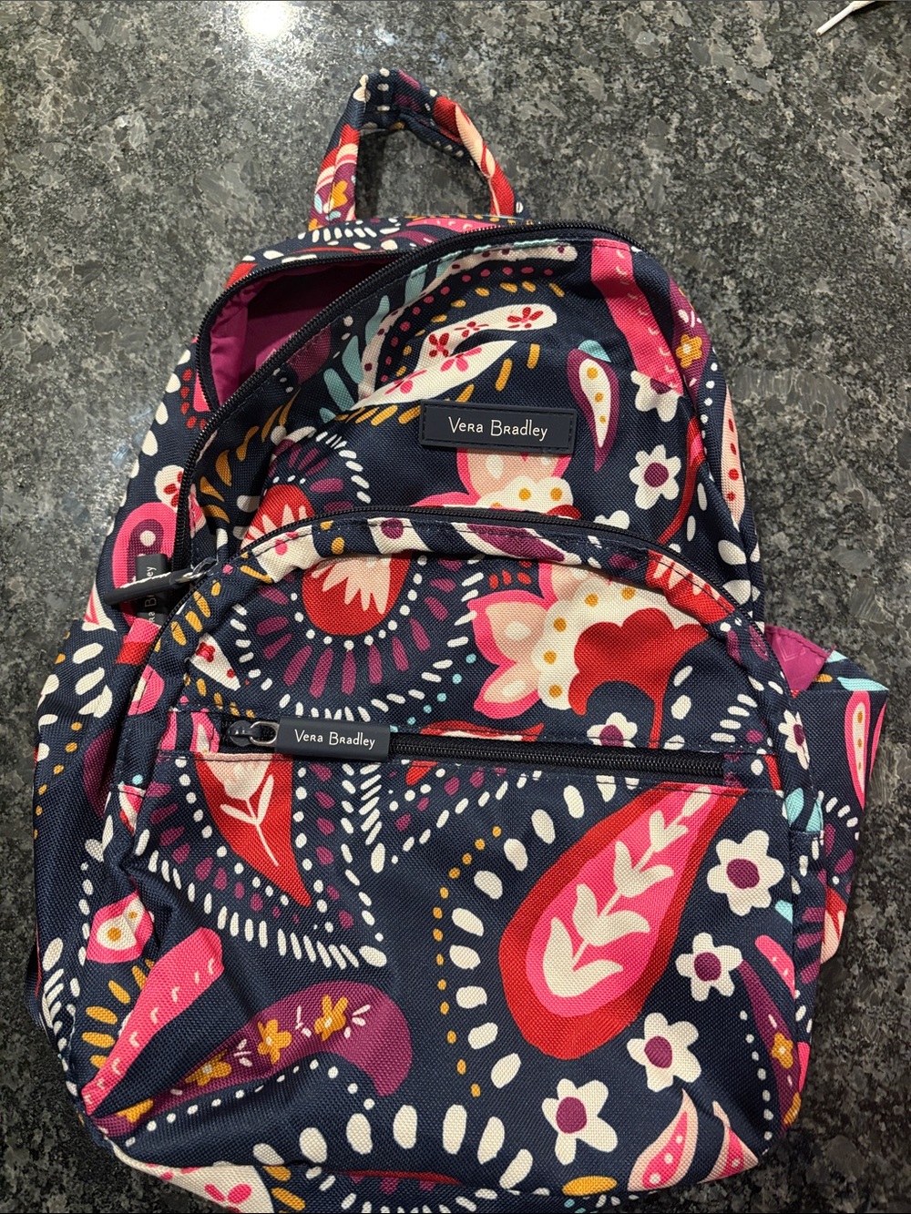 Vera Bradley Navy Paisley Floral Backpack with Pink & Red Accents